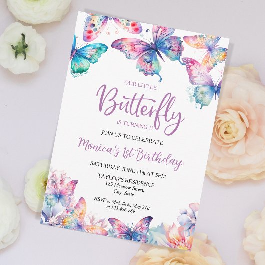 Invitation Aquarelle Papillon Bébé fille 1er anniversaire