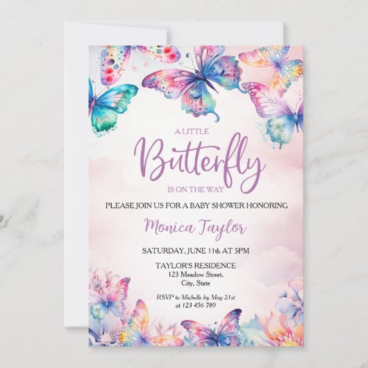 Invitation Aquarelle Papillon Bébé Fille Douche (Devant)
