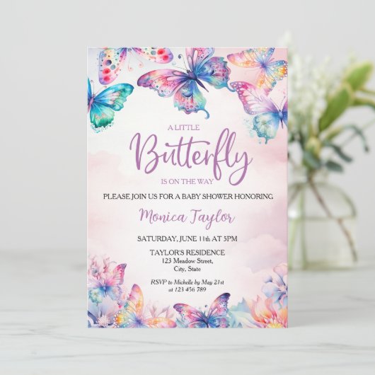 Invitation Aquarelle Papillon Bébé Fille Douche (Debout devant)
