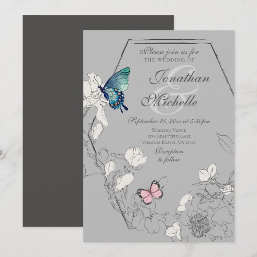 Invitation Aquarelle papillon Floral Mariage géométrique (Devant / Derrière)