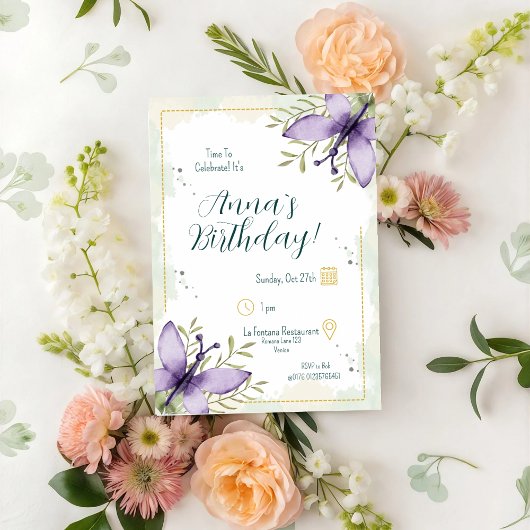 Invitation Aquarelle papillon Lilac Anniversaire
