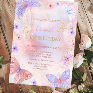 Invitation Aquarelle Papillon Lilas Doré Anniversaire Arc-en-