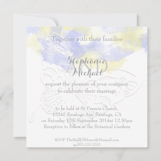 Invitation Aquarelle Papillon Périwinkle Lemonade Mariage I (Dos)