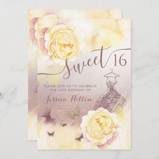 Invitation Aquarelle Papillon poitrine fleurie douce 16 (Devant / Derrière)