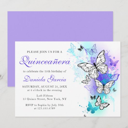 Invitation Aquarelle Papillon pourpre Turquoise Quinceañera (Devant / Derrière)