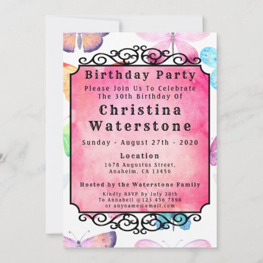 Invitation Aquarelle papillon rose 30e fête d'anniversaire (Dos)