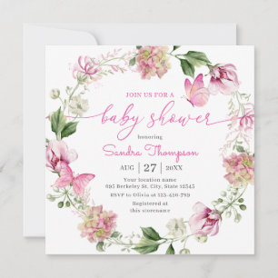 Invitation Aquarelle Papillon rose Baby shower floral