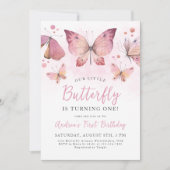 Invitation Aquarelle Papillon rose Premier anniversaire (Devant)