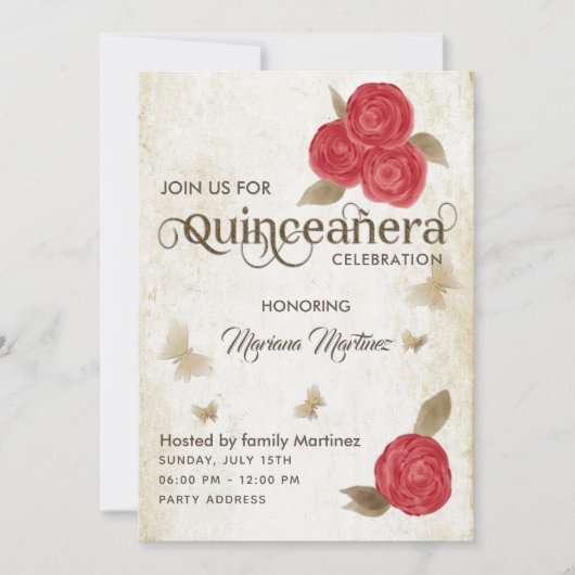 Invitation Aquarelle papillon vintage roses rouges Quince (Devant)