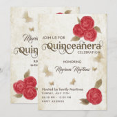 Invitation Aquarelle papillon vintage roses rouges Quince (Devant / Derrière)