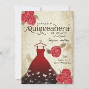 Invitation Aquarelle papillon vintage roses rouges Quince Inv