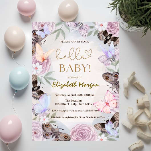 Invitation Aquarelle Papillons Fleurs Points Baby shower