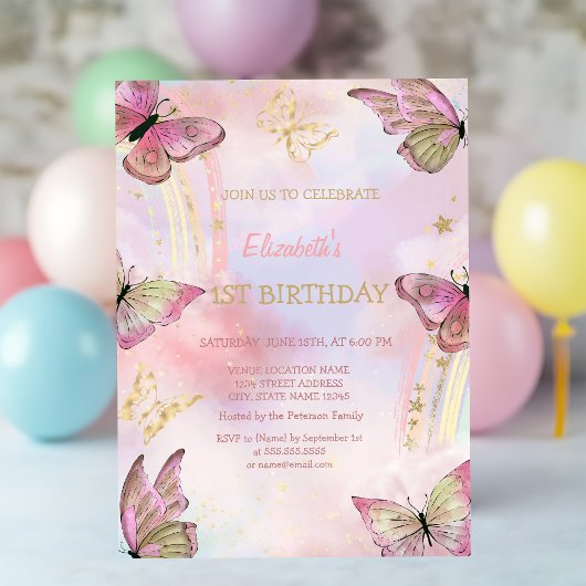 Invitation Aquarelle Papillons Or Arc-en-ciel Anniversaire