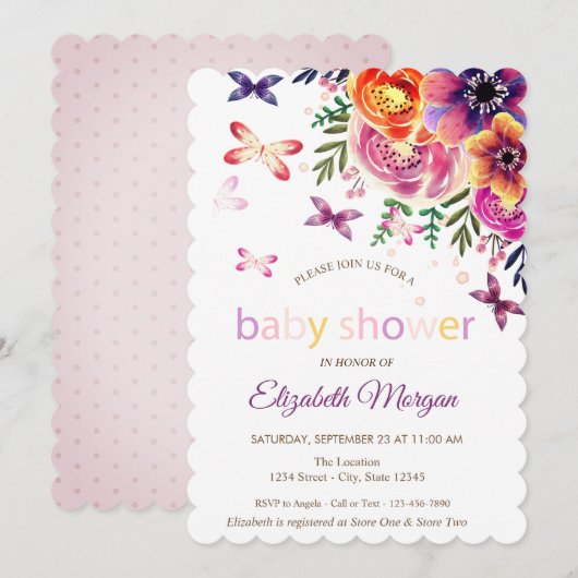 Invitation Aquarelle Papillons Points Baby shower Floral (Devant / Derrière)