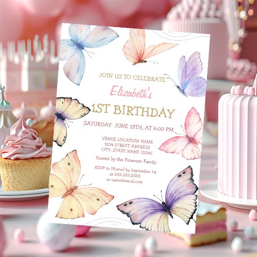 Invitation Aquarelle Papillons rayures Anniversaire