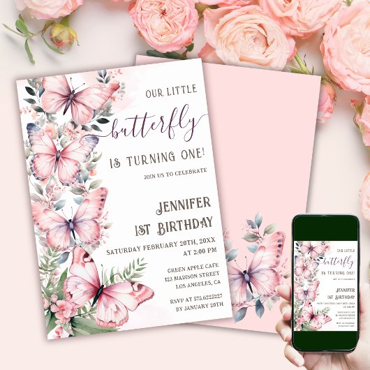 Invitation Aquarelle Papillons rose 1er Anniversaire Papillon