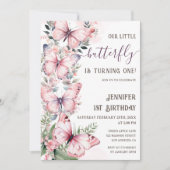 Invitation Aquarelle Papillons rose 1er Anniversaire Papillon (Devant)