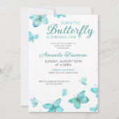 Invitation Aquarelle Papillons Turquoises mignons 1er anniver (Devant)