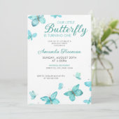Invitation Aquarelle Papillons Turquoises mignons 1er anniver (Debout devant)