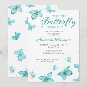 Invitation Aquarelle Papillons Turquoises mignons 1er anniver