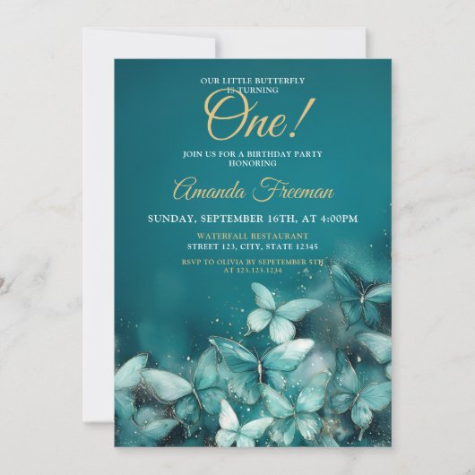 Invitation Aquarelle Papillons Turquoises Parties scintillant (Devant)