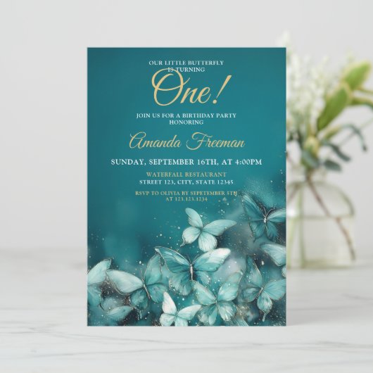 Invitation Aquarelle Papillons Turquoises Parties scintillant (Debout devant)