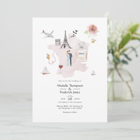 Invitation Aquarelle Paris Destination Mariage Monogramme (Debout devant)