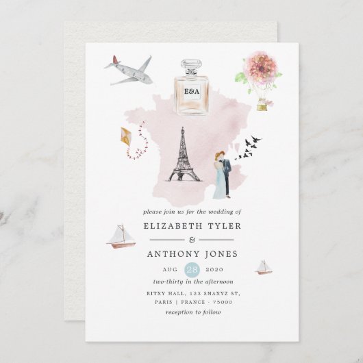 Invitation Aquarelle Paris Destination Mariage Monogramme (Devant / Derrière)