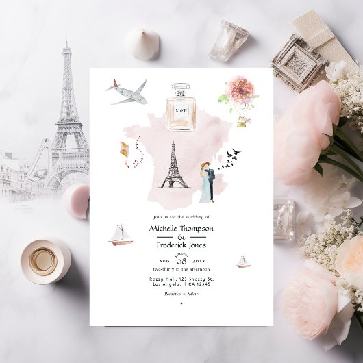 Invitation Aquarelle Paris Destination Mariage Monogramme