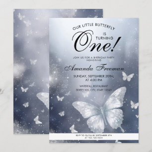 Invitation Aquarelle Parties scintillant Argent Papillon 1er