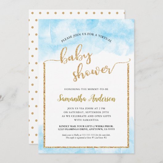 Invitation Aquarelle Parties scintillant or Virtual Baby Boy  (Devant / Derrière)