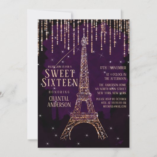 Invitation Aquarelle Parties scintillant Paris Tour Eiffel Sw (Devant)