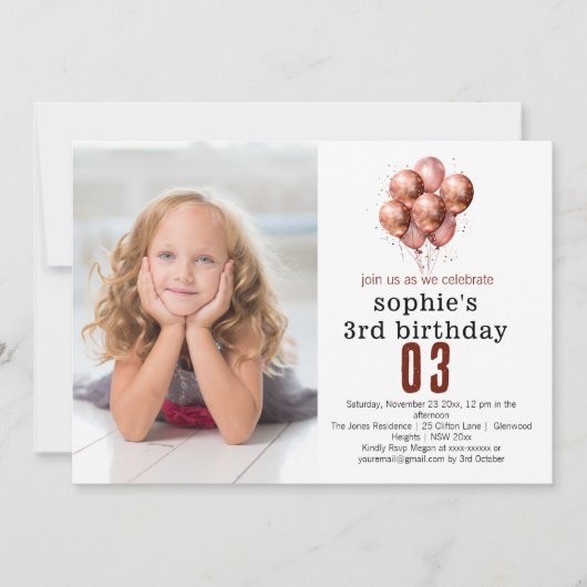 Invitation Aquarelle Parties scintillant Rose Gold ballon 3e (Devant)