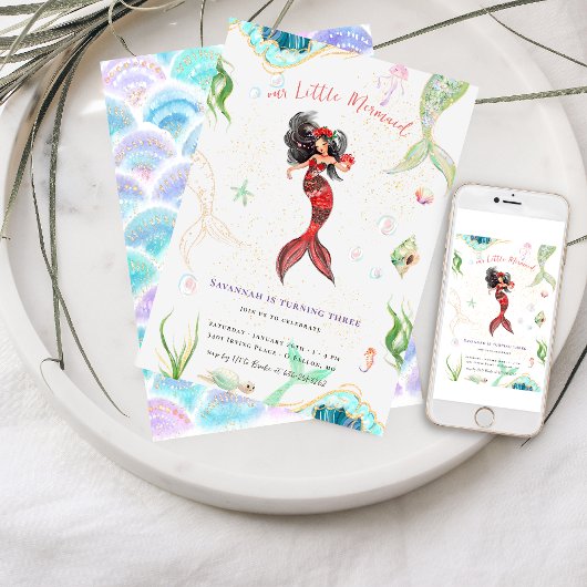 Invitation Aquarelle Parties scintillant Sirène Anniversaire