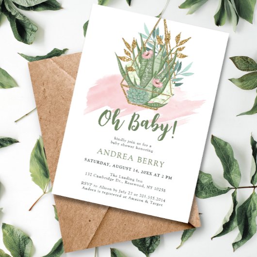 Invitation Aquarelle Pastel Baby shower Succulent
