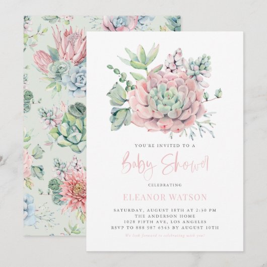 Invitation Aquarelle Pastel Baby shower Succulents (Devant / Derrière)