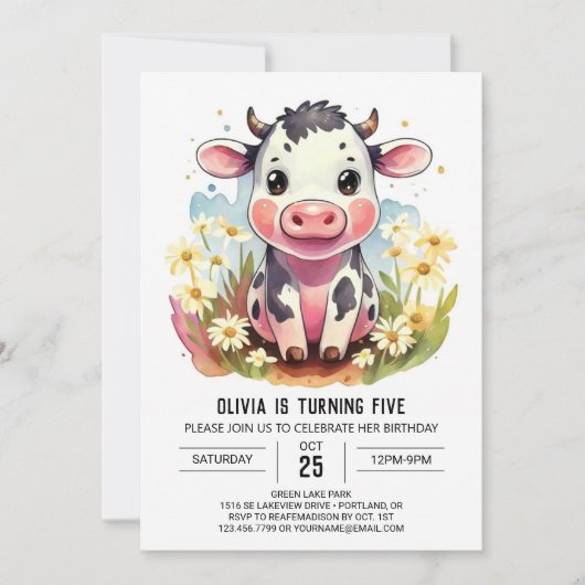 Invitation Aquarelle Pastel Barnyard Vache Anniversaire (Devant)