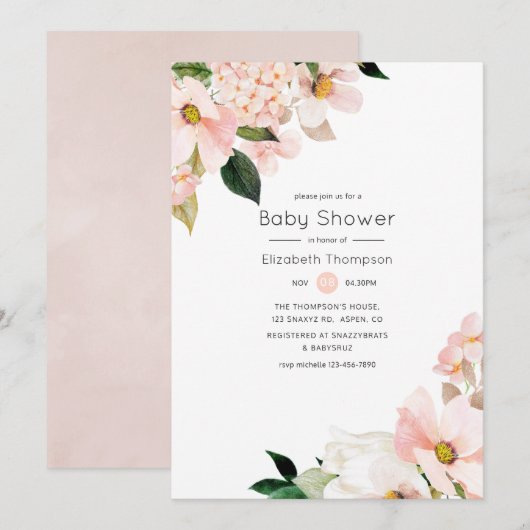 Invitation Aquarelle Pastel Blush rose Baby shower Floral (Devant / Derrière)