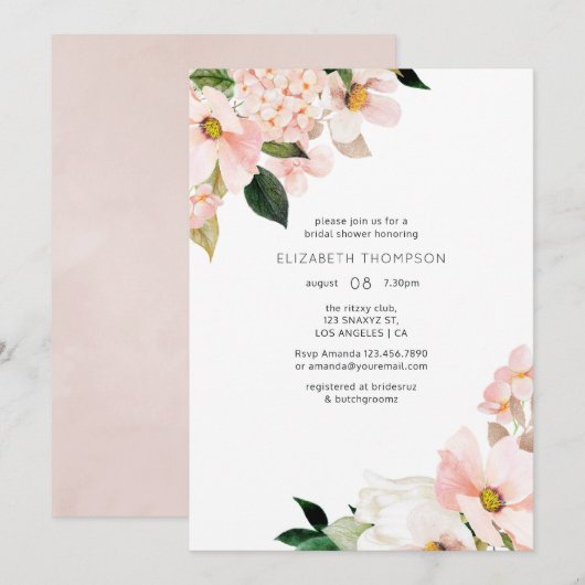 Invitation Aquarelle Pastel Blush Rose Fête des mariées Flora (Devant / Derrière)