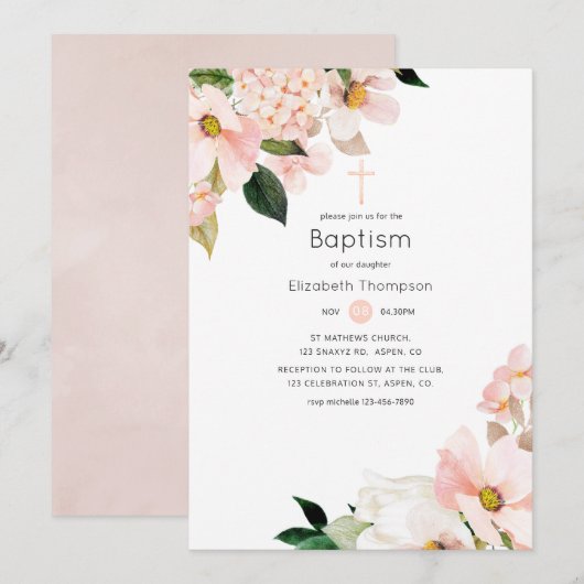 Invitation Aquarelle Pastel Blush Rose Floral Baptême (Devant / Derrière)