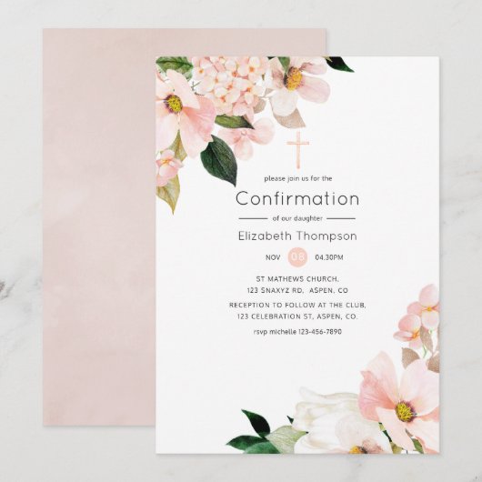 Invitation Aquarelle Pastel Blush rose Floral Confirmation (Devant / Derrière)