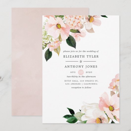 Invitation Aquarelle Pastel Blush Rose Floral Printemps Maria (Devant / Derrière)