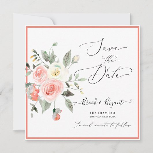 Invitation Aquarelle Pastel Coral Roses Enregistrer la date (Devant)
