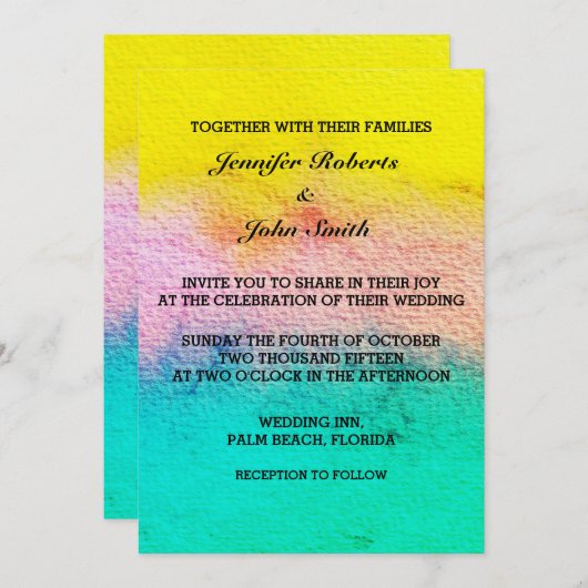 Invitation Aquarelle Pastel Couleur Turquoise Jaune Mariage m (Devant / Derrière)