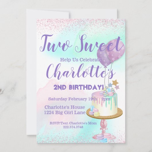 Invitation Aquarelle Pastel Deux Douce Fille 2e Anniversaire (Devant)