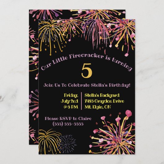 Invitation Aquarelle Pastel Firecracker, Fireworks Anniversai (Devant / Derrière)