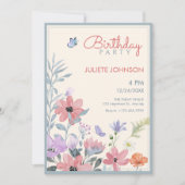 Invitation Aquarelle pastel fleurs papillon anniversaire (Devant)