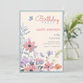 Invitation Aquarelle pastel fleurs papillon anniversaire (Debout devant)