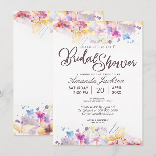 Invitation Aquarelle Pastel Floral Fête des mariées (Devant / Derrière)