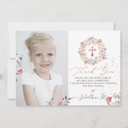 Invitation Aquarelle Pastel Merci de communion Rose (Devant)